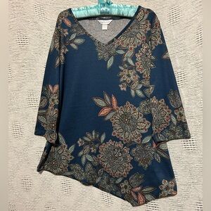 Christopher Banks Top XL Cute Teal Stretch Knit Paisley Tunic Shirt Blouse